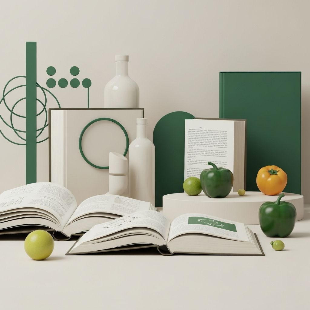 Educational books and fresh produce representing nutrition science
